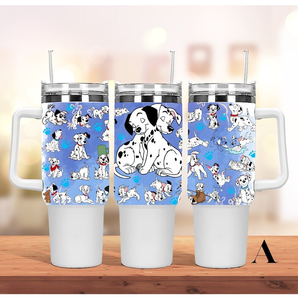 Disney 101 Dalmatia 40 oz Tumbler/Water bottle/Mug with lid, handle and straw. B